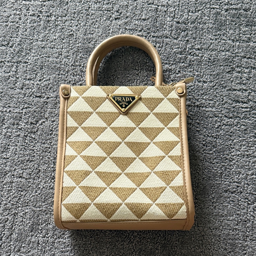 PRADA Beige and Cream Geometric Mini Top-Handle Bag